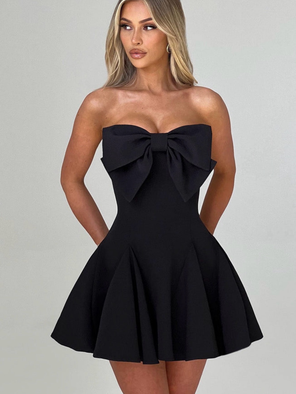Strapless Black Bow-Accent Fit & Flare Dress